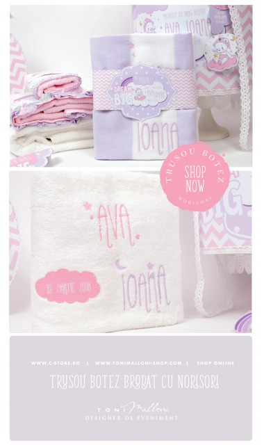 Trusou de botez personalizat si brodat cu norisori pufosi si ursuleti pentru fete, Dream big little girl 4